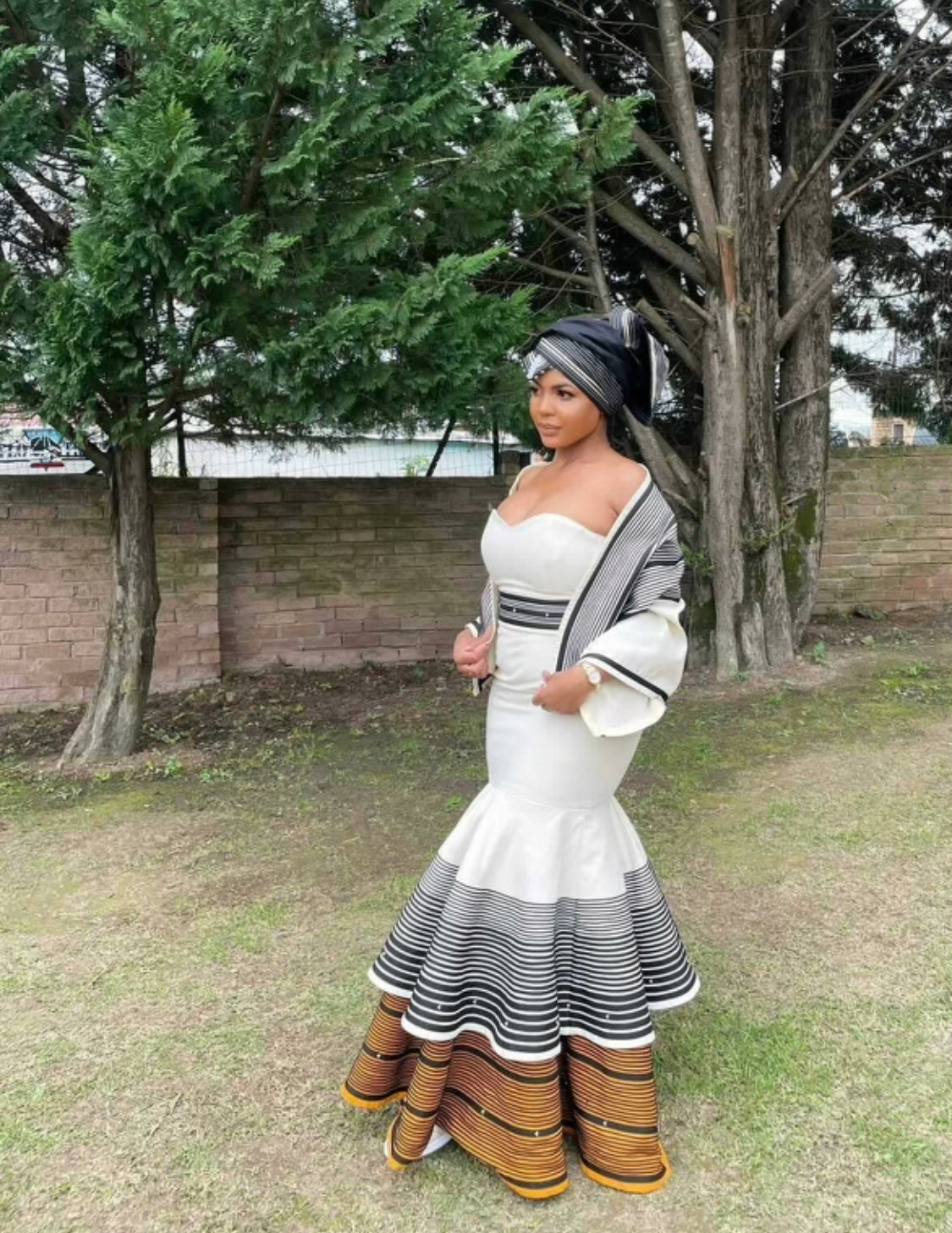 Cream and mustard two-tier long fishtail dress + matching shawl and head wrap