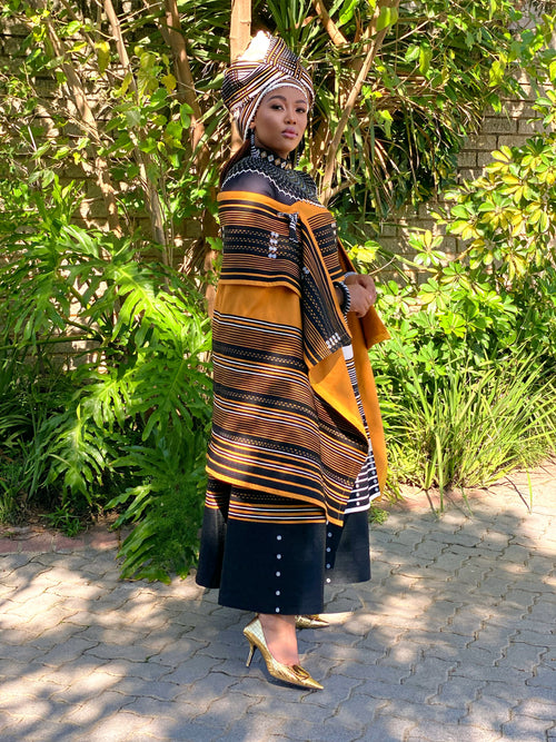 Incebetha Images Mustard Cream and Black 5 piece Ladies Xhosa Traditional Attire