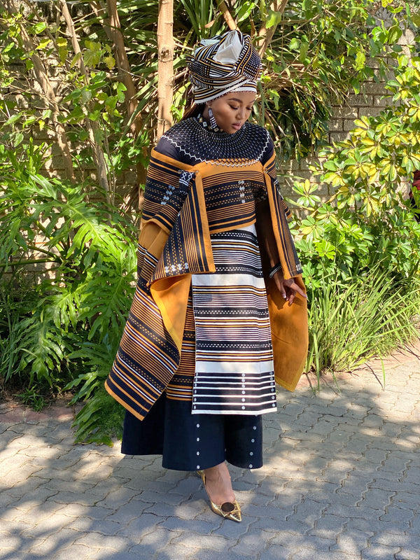 Incebetha Images Mustard Cream and Black 5 piece Ladies Xhosa Traditional Attire